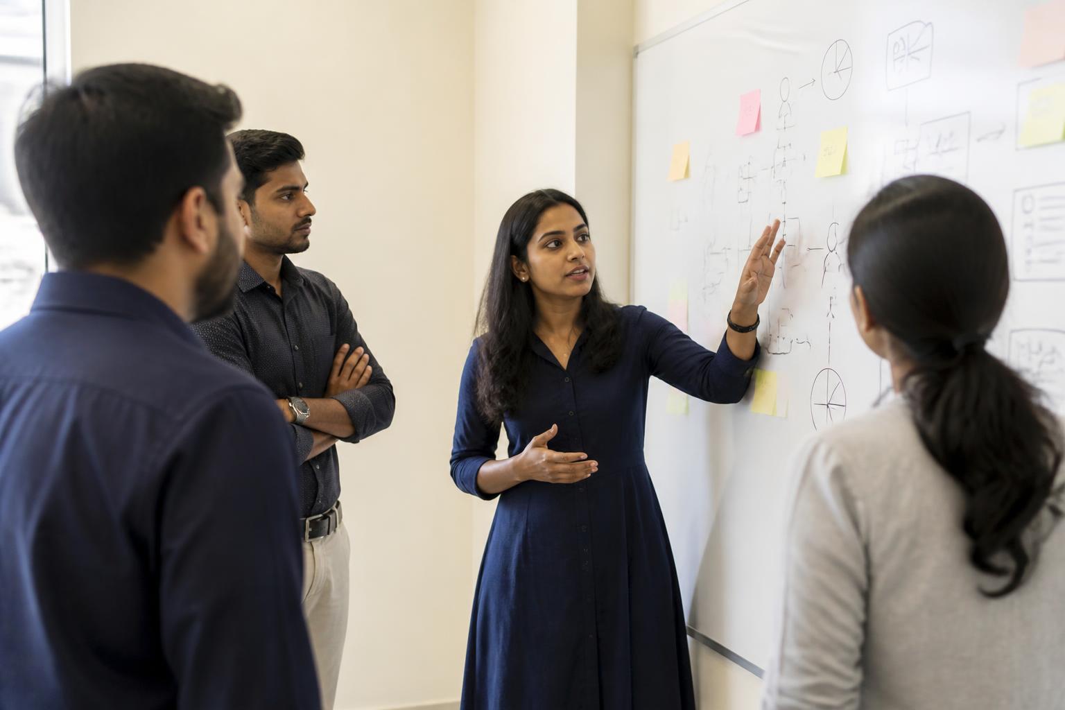 Founder and small team working through a business strategy and systems map on a whiteboard